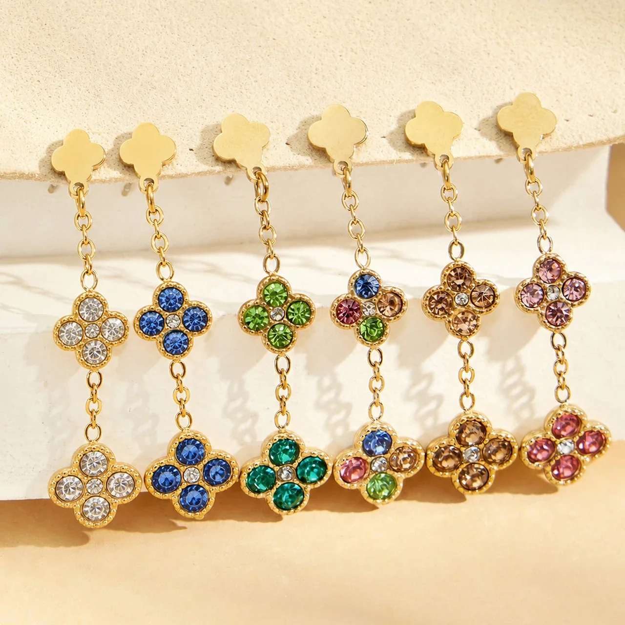 Clover Chain Drop Stainless Steel CZ Earrings