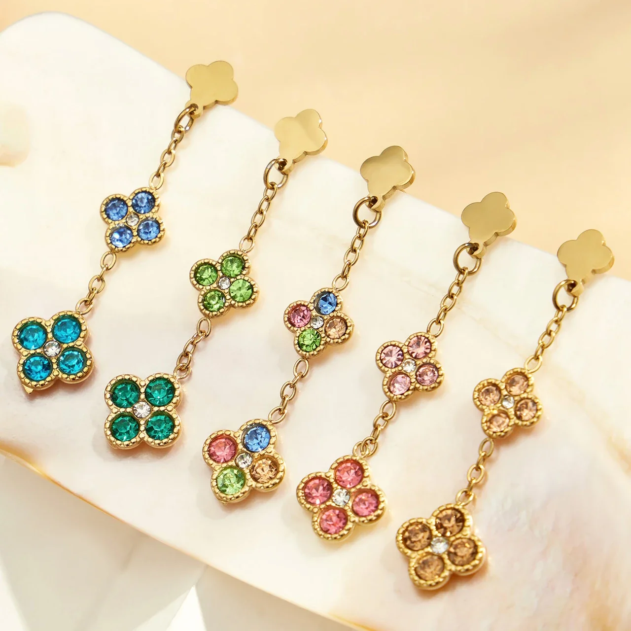 Clover Chain Drop Stainless Steel CZ Earrings