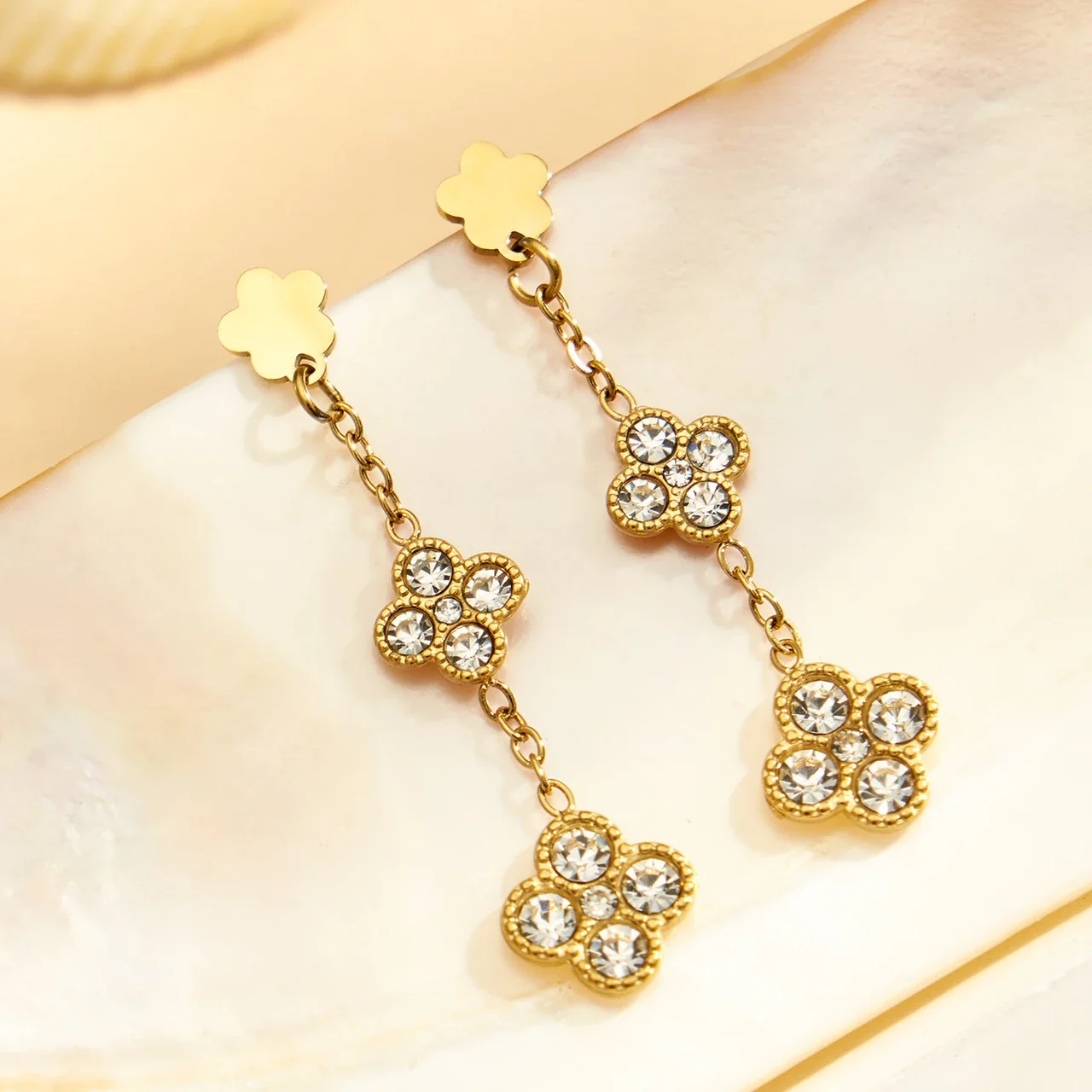 Clover Chain Drop Stainless Steel CZ Earrings