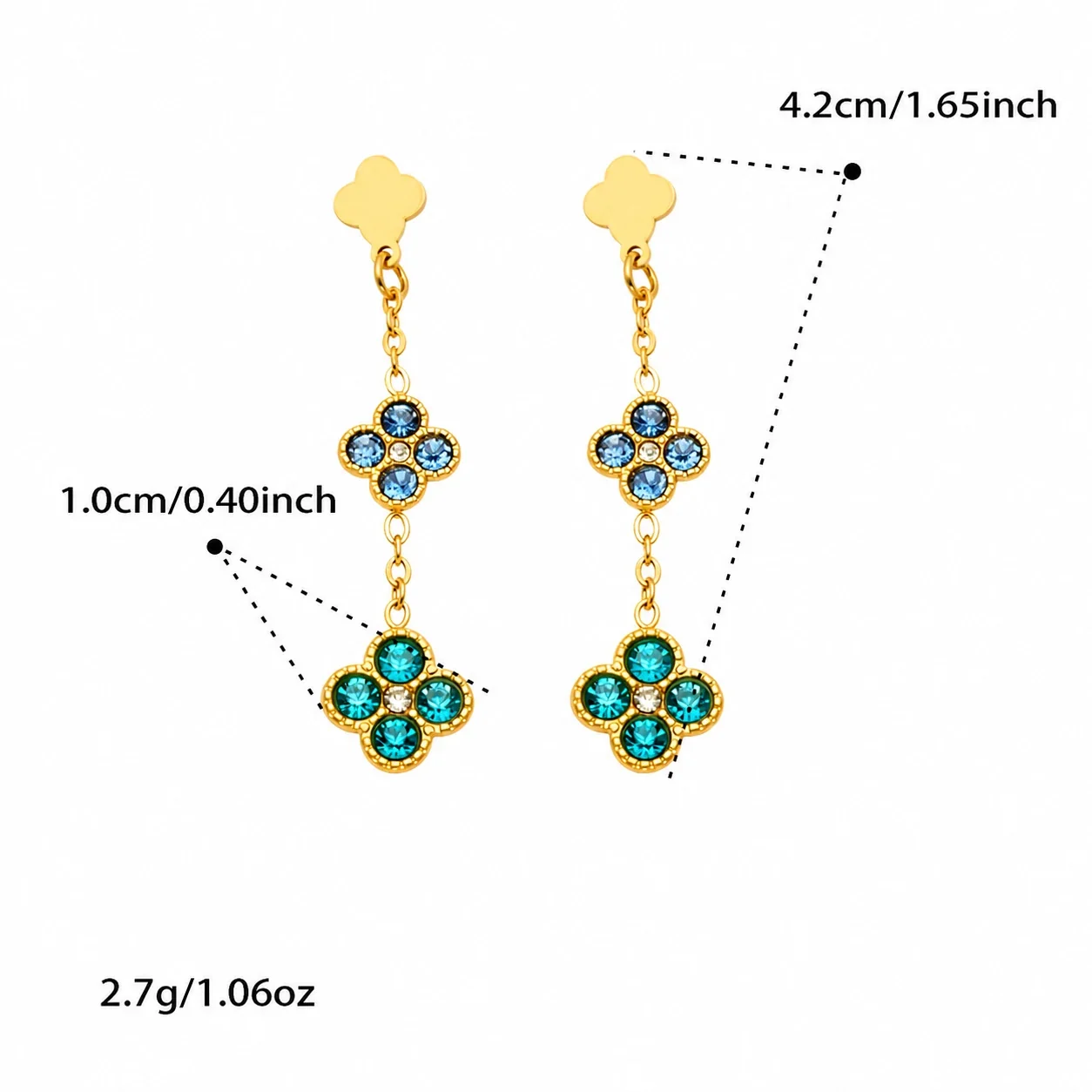 Clover Chain Drop Stainless Steel CZ Earrings - Gold Blue CZ