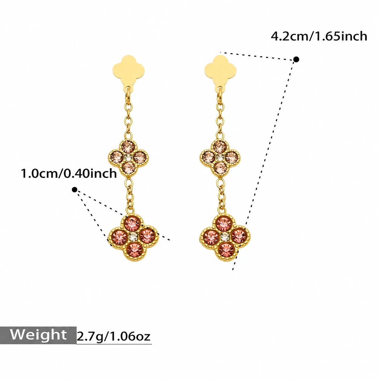 Clover Chain Drop Stainless Steel CZ Earrings - Gold Green CZ