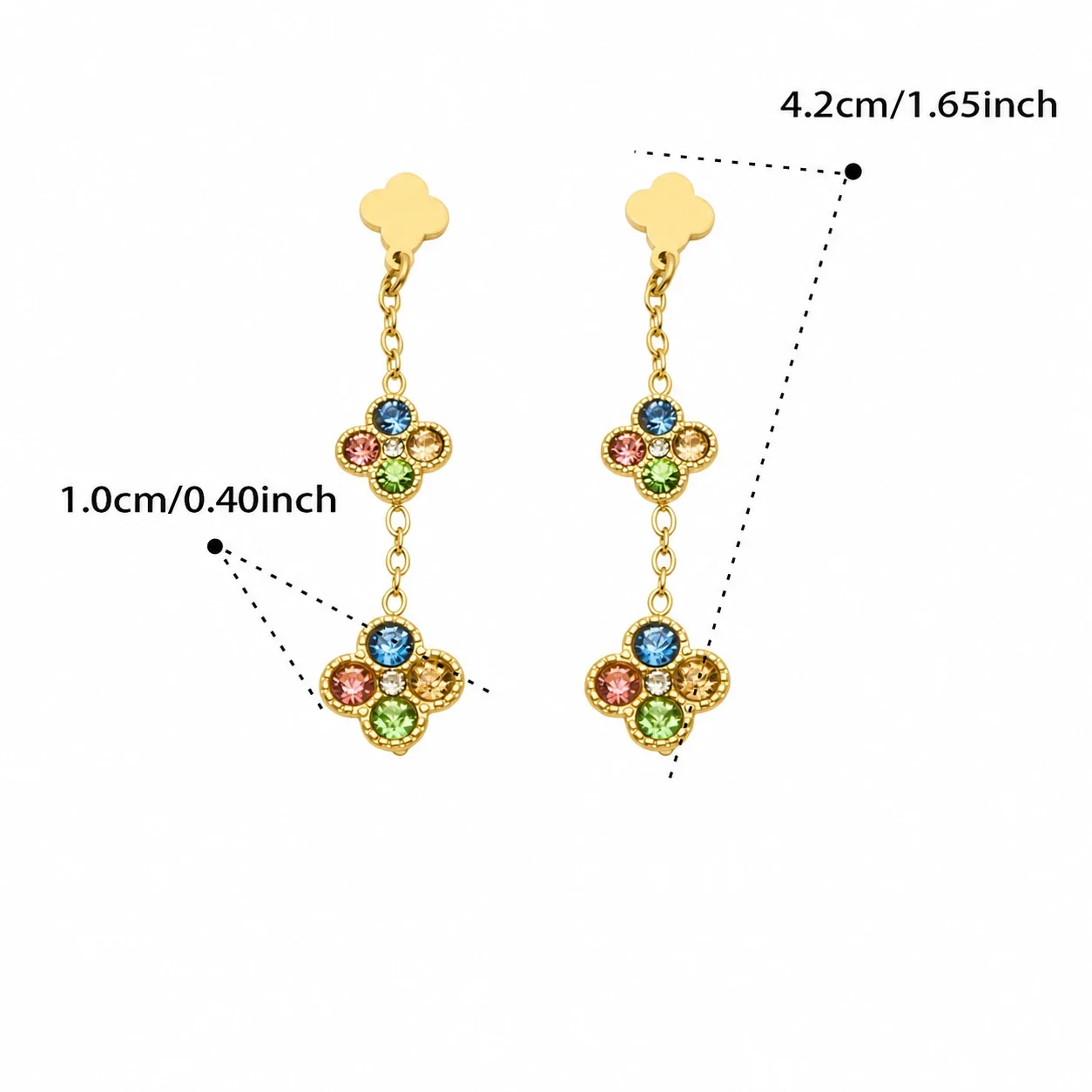 Clover Chain Drop Stainless Steel CZ Earrings - Gold Champagne CZ