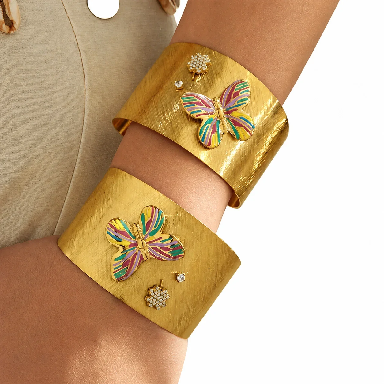 Radiant 18K Gold-Plated Brushed Butterfly Open Cuff Bangle
