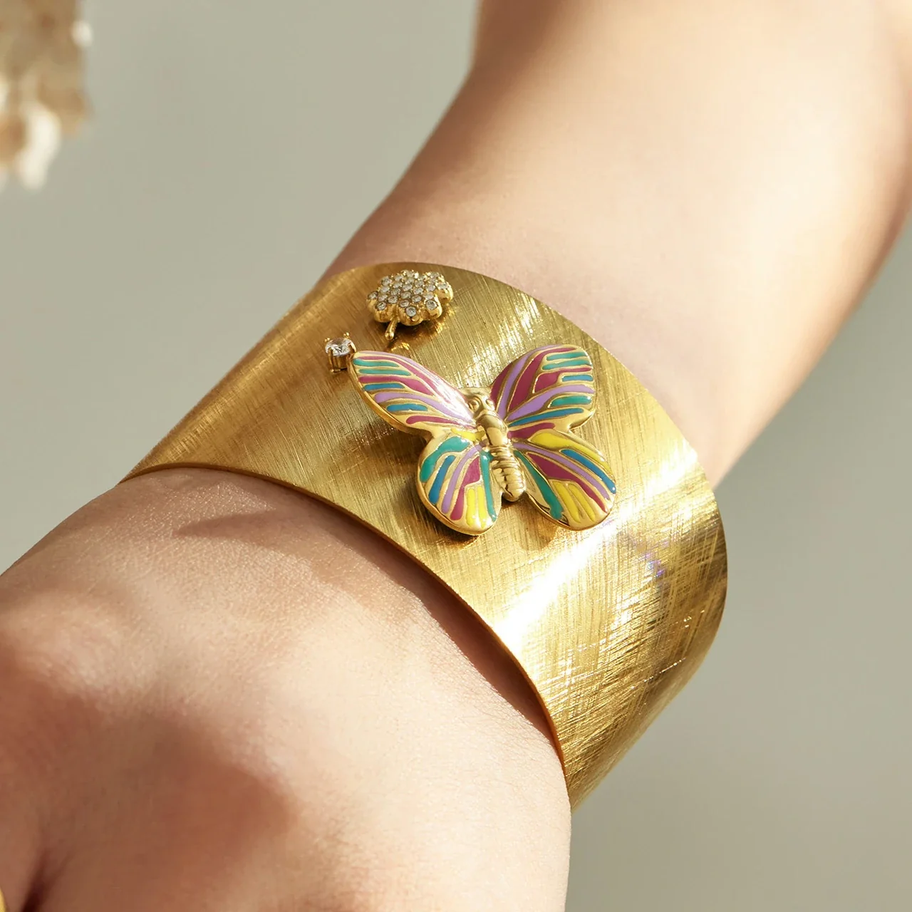 Radiant 18K Gold-Plated Brushed Butterfly Open Cuff Bangle