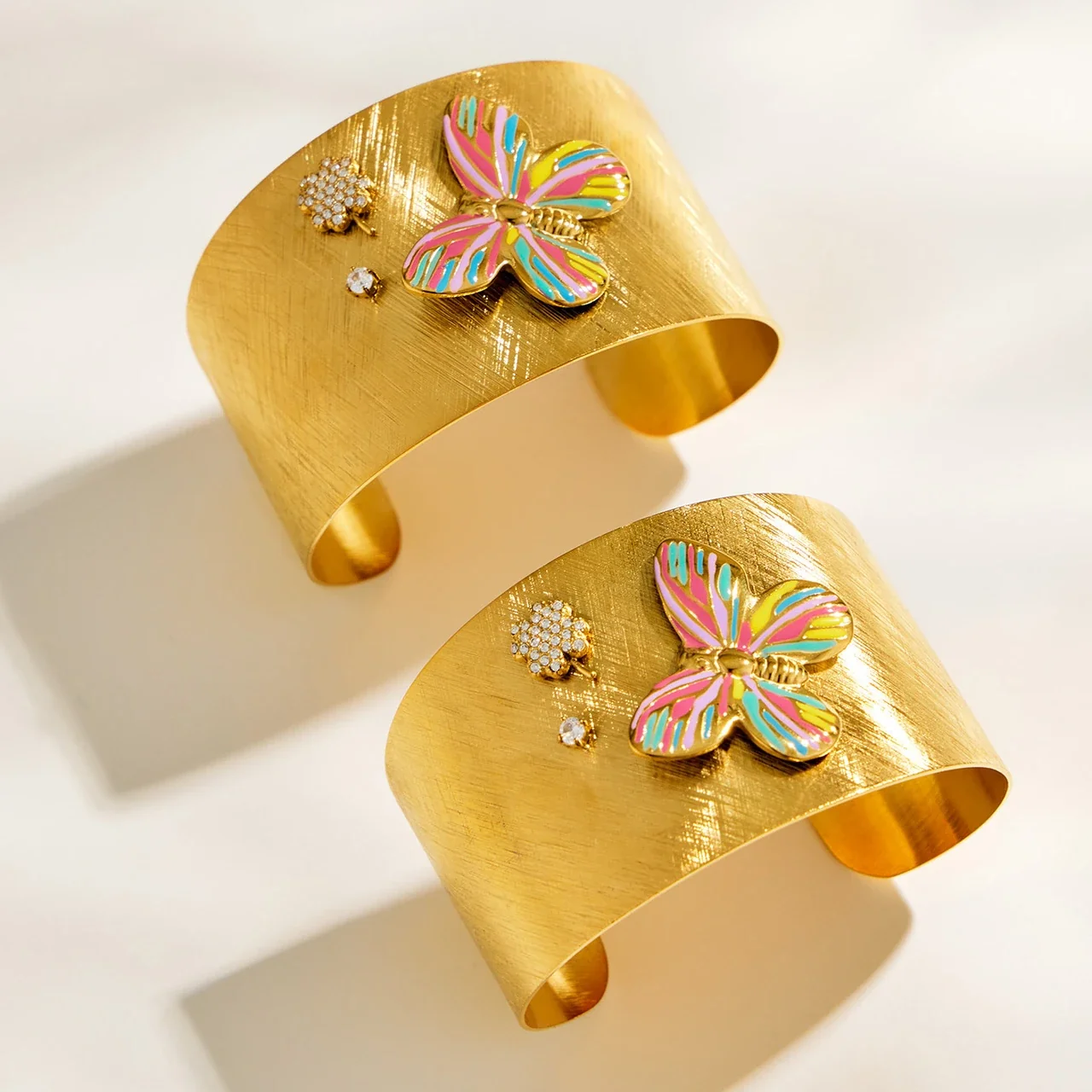 Radiant 18K Gold-Plated Brushed Butterfly Open Cuff Bangle