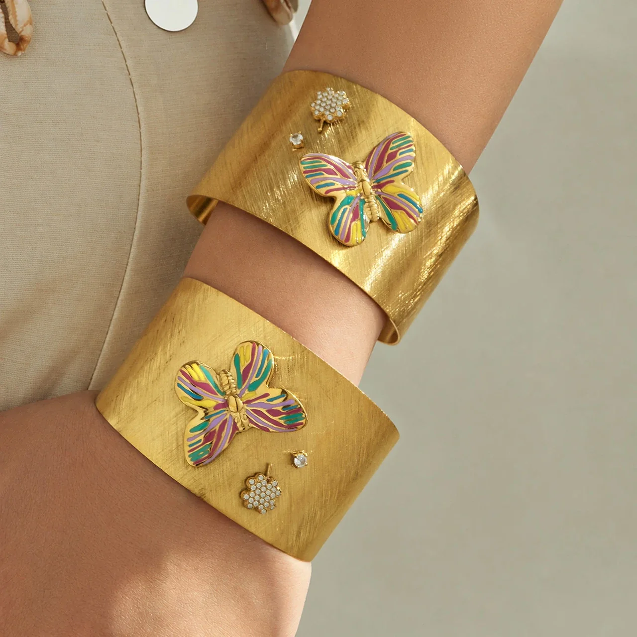 Radiant 18K Gold-Plated Brushed Butterfly Open Cuff Bangle