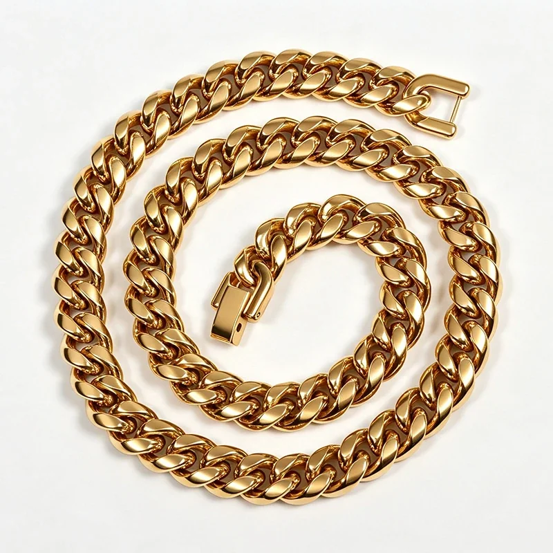 Bold Stainless Steel Polished Cuban Link Chain Necklace - Gold 4 mm