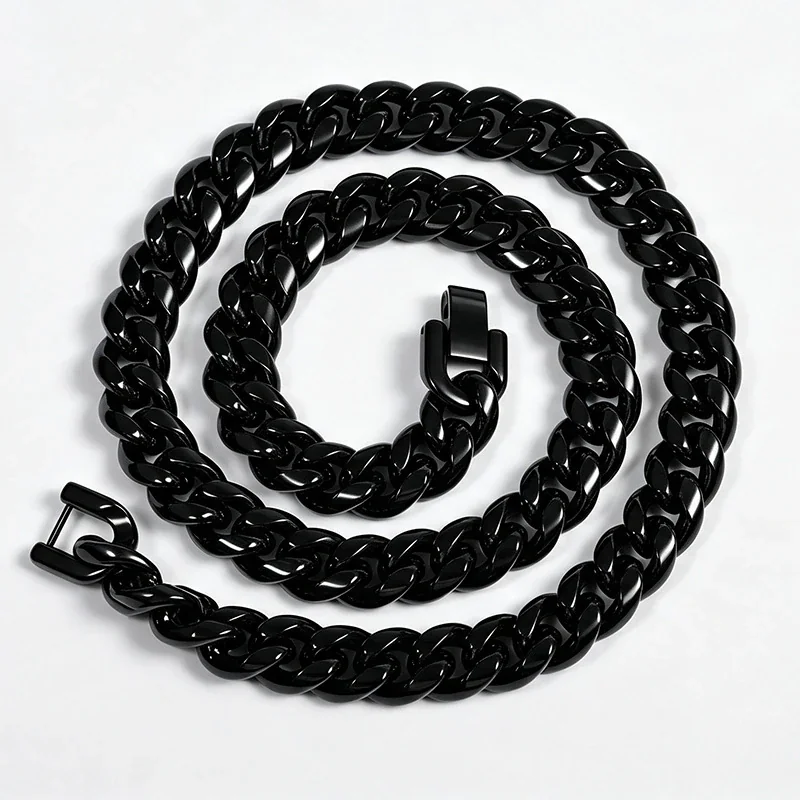 Bold Stainless Steel Polished Cuban Link Chain Necklace - Black 8 mm
