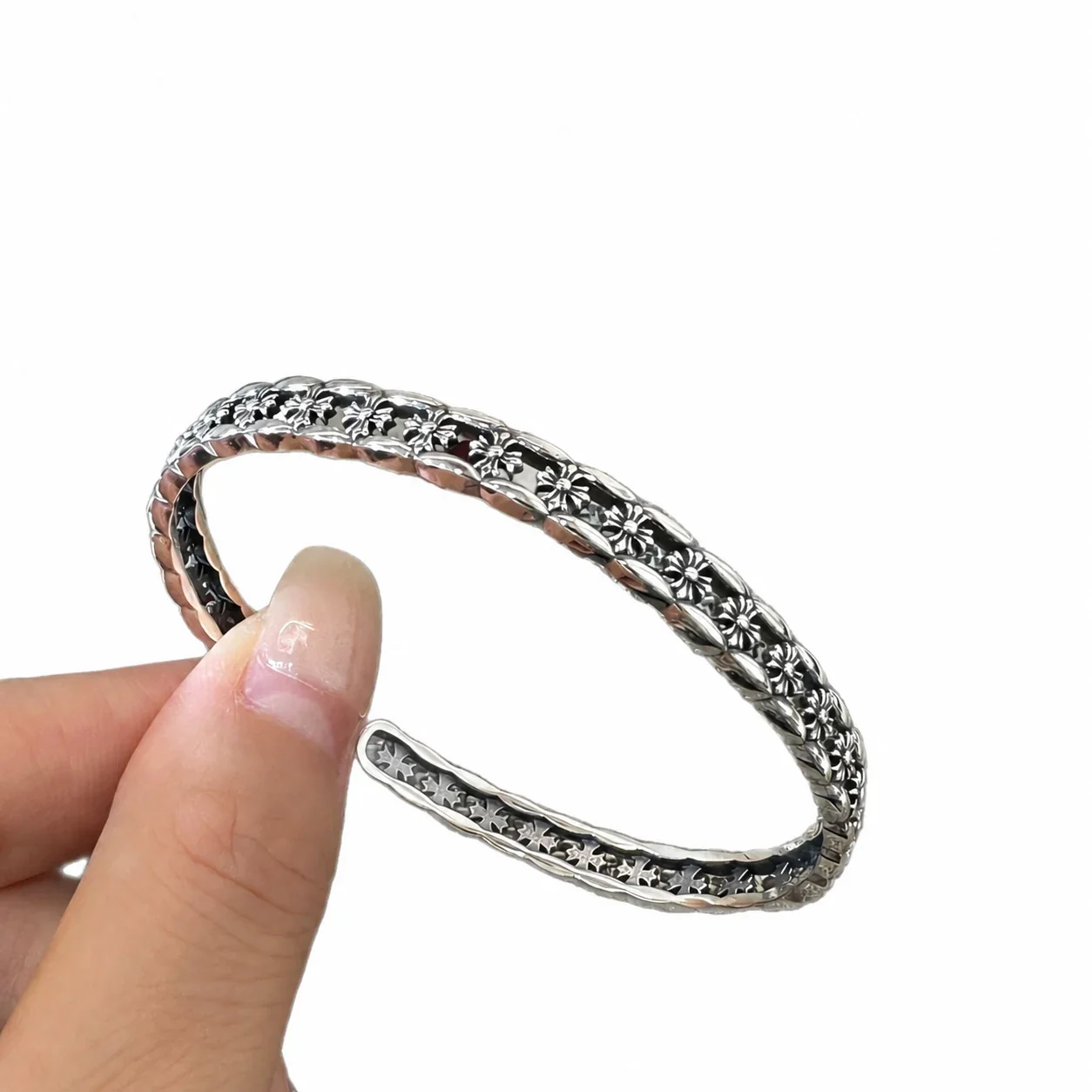 Antique 925 Sterling Silver Floral Cross Open Bangle