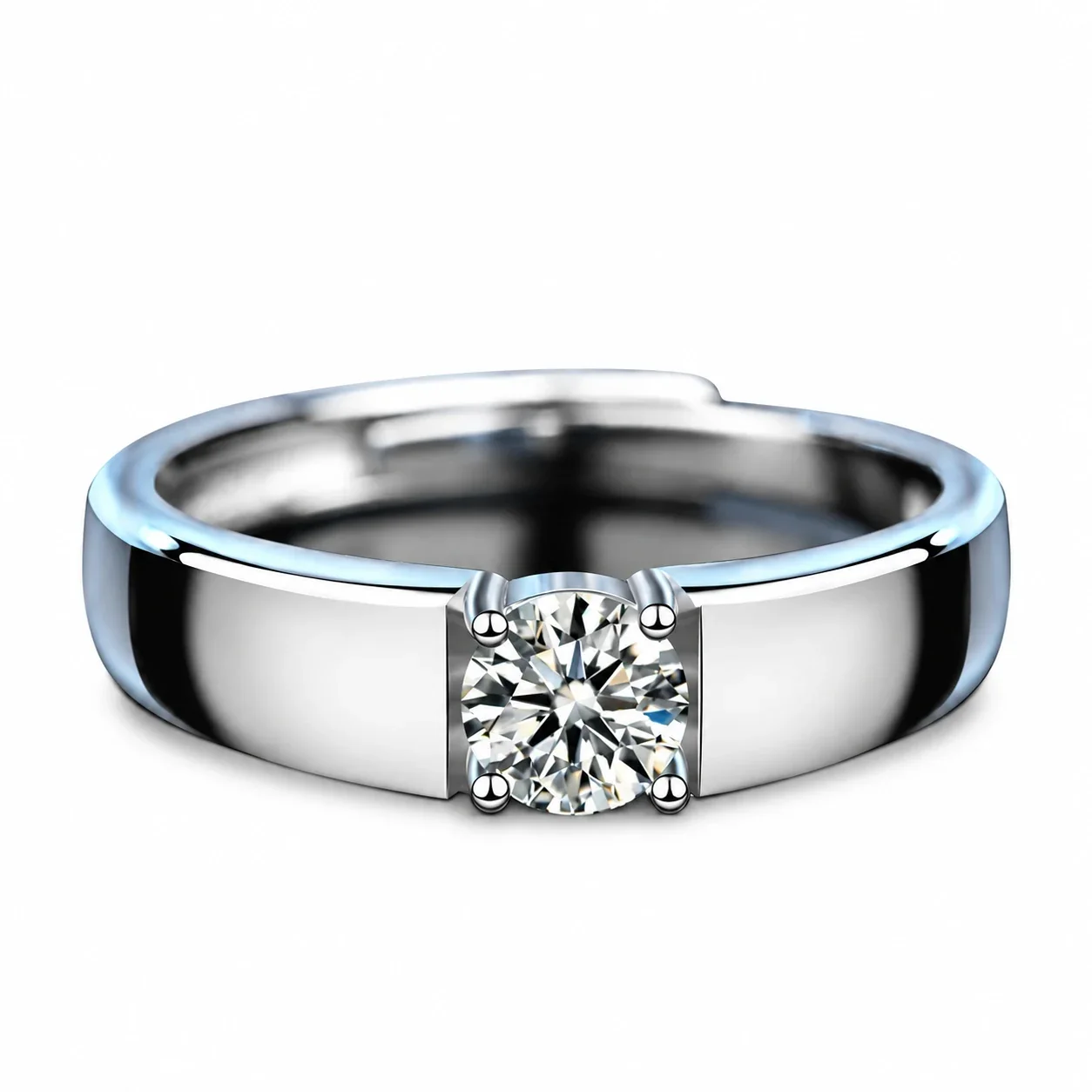 Sculptural 925 Sterling Silver Round Moissanite Four-Prong Ring