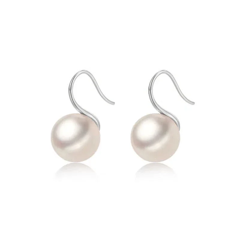 Refined 925 Sterling Silver Round Pearl Fish Hook Earrings