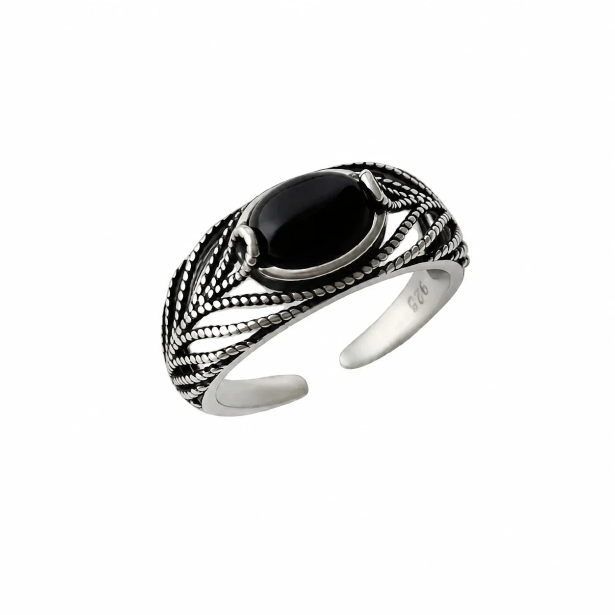 Ornate Silver-Plated Oval Black Agate Beaded Open Ring
