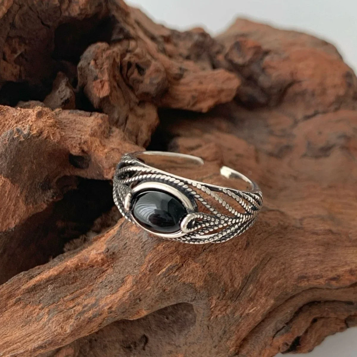 Ornate Silver-Plated Oval Black Agate Beaded Open Ring