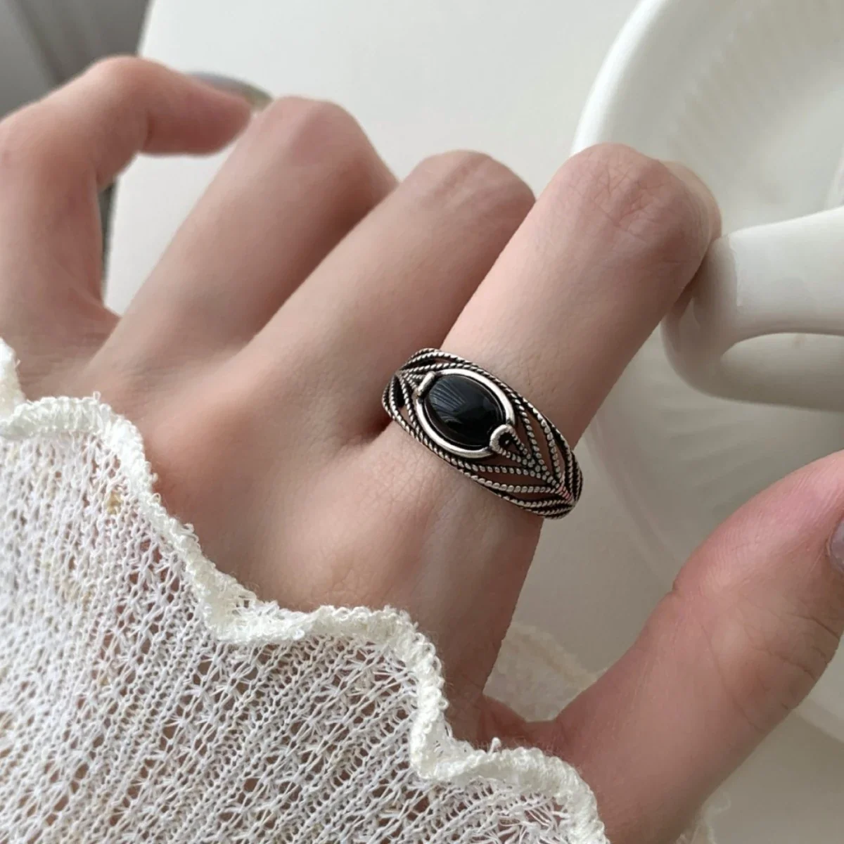 Ornate Silver-Plated Oval Black Agate Beaded Open Ring
