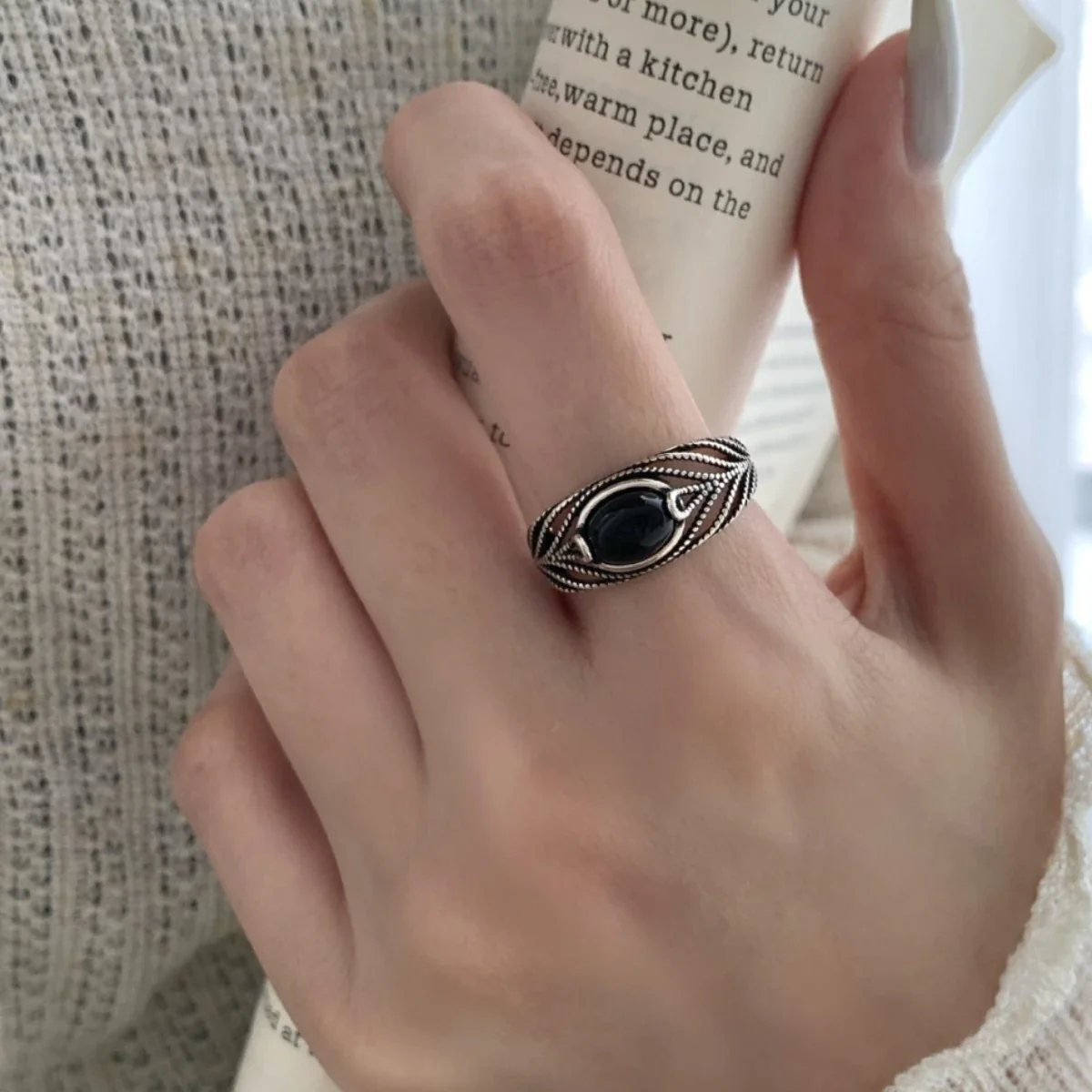 Ornate Silver-Plated Oval Black Agate Beaded Open Ring