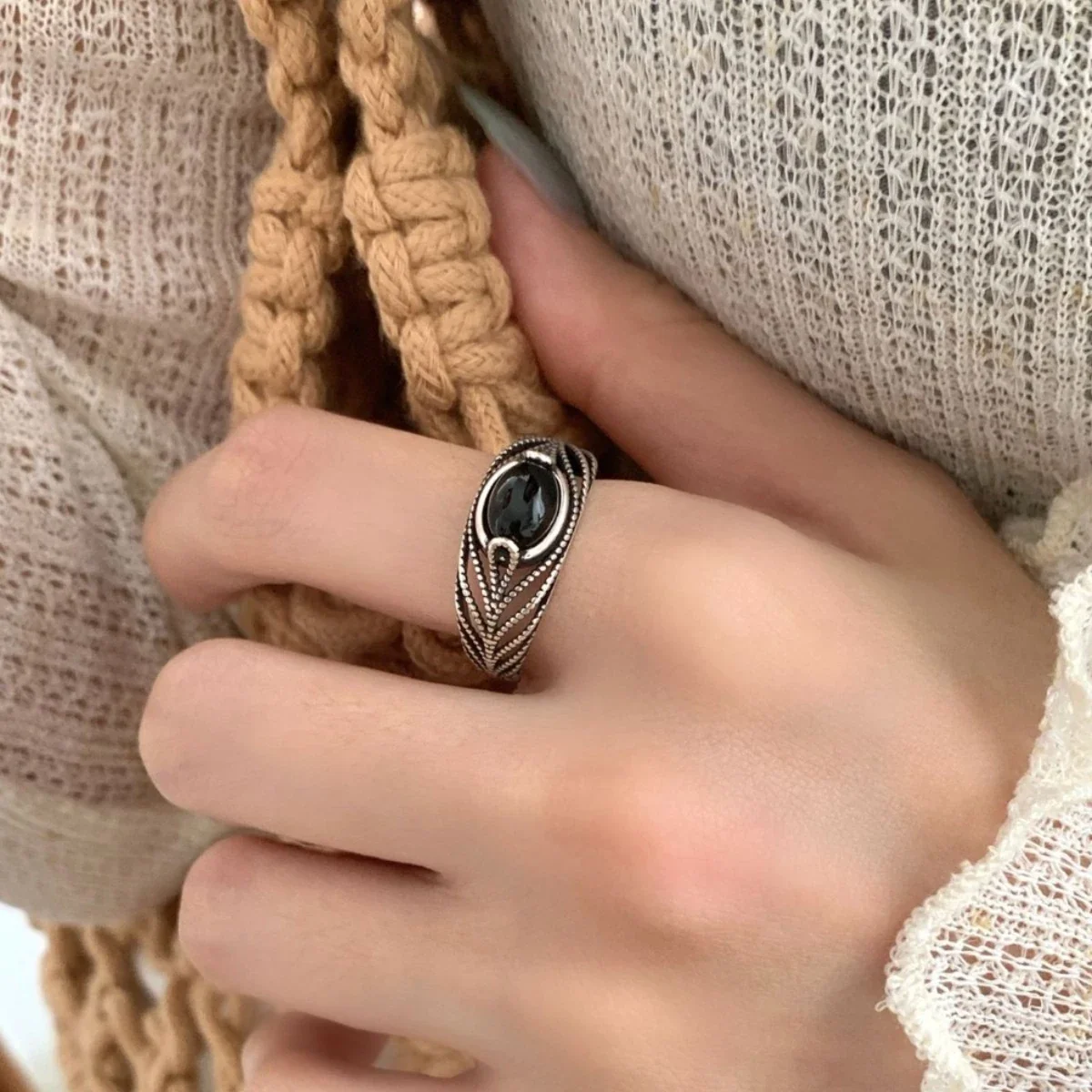 Ornate Silver-Plated Oval Black Agate Beaded Open Ring