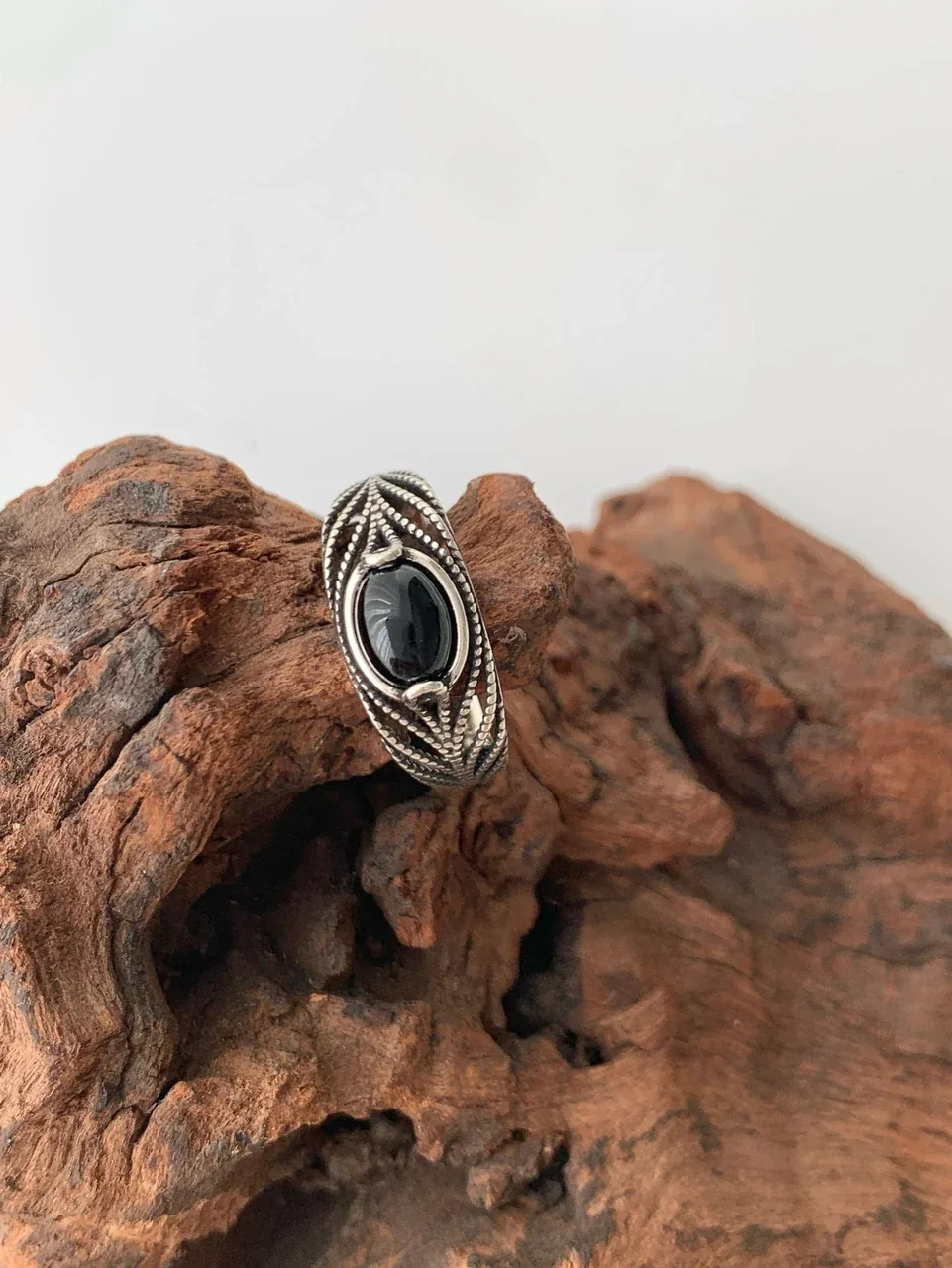 Ornate Silver-Plated Oval Black Agate Beaded Open Ring - Silver