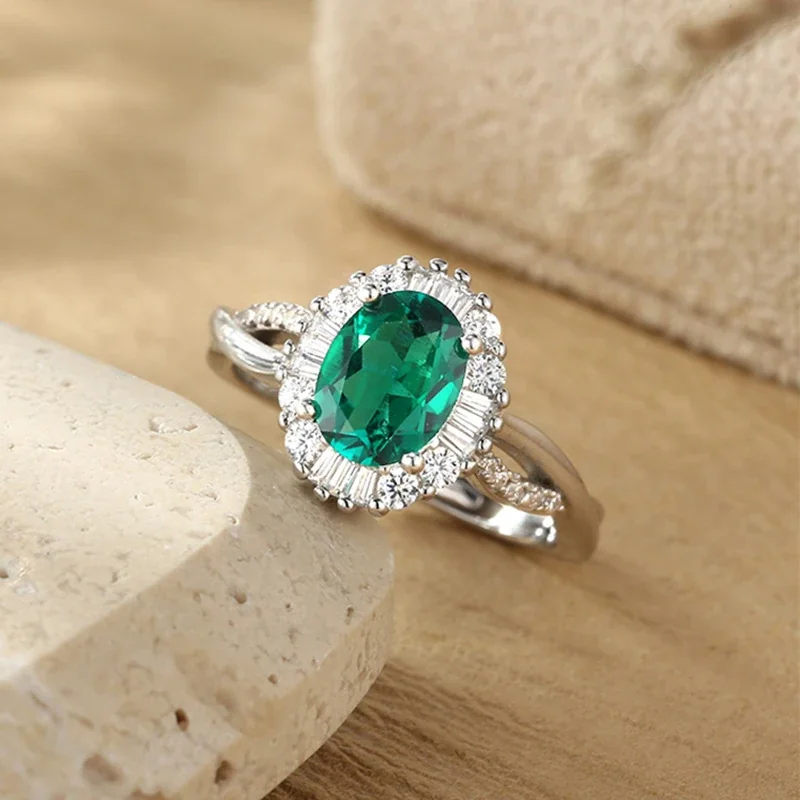Regal 925 Sterling Silver Oval Halo Baguette Stone Ring