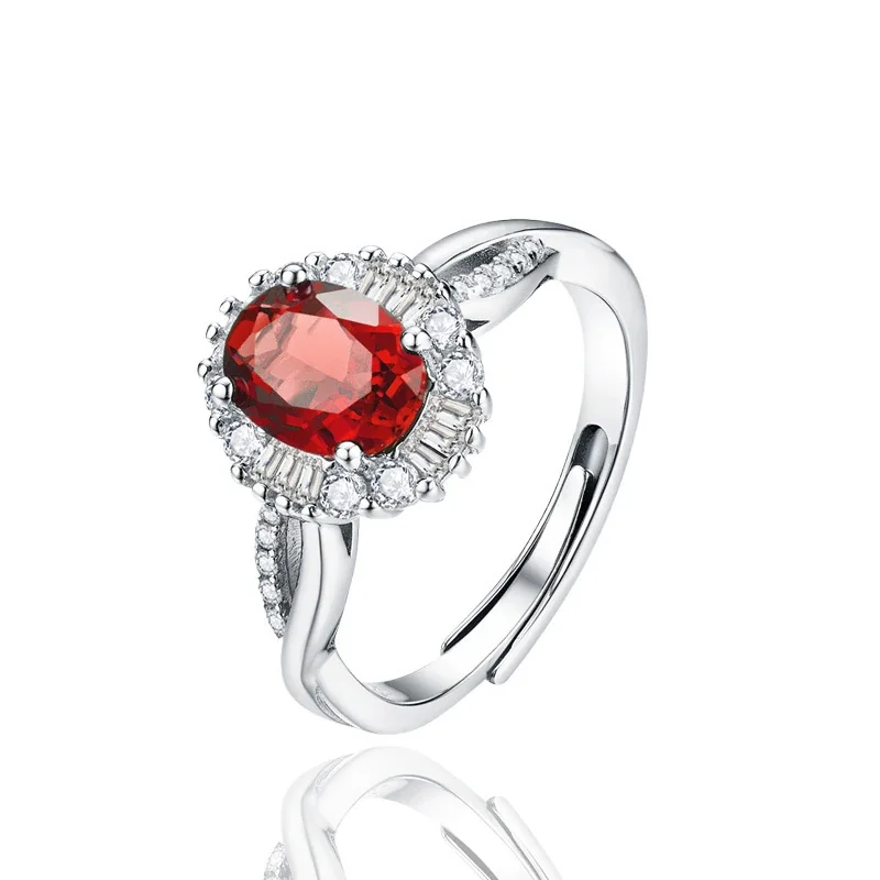 Regal 925 Sterling Silver Oval Halo Baguette Stone Ring - Red