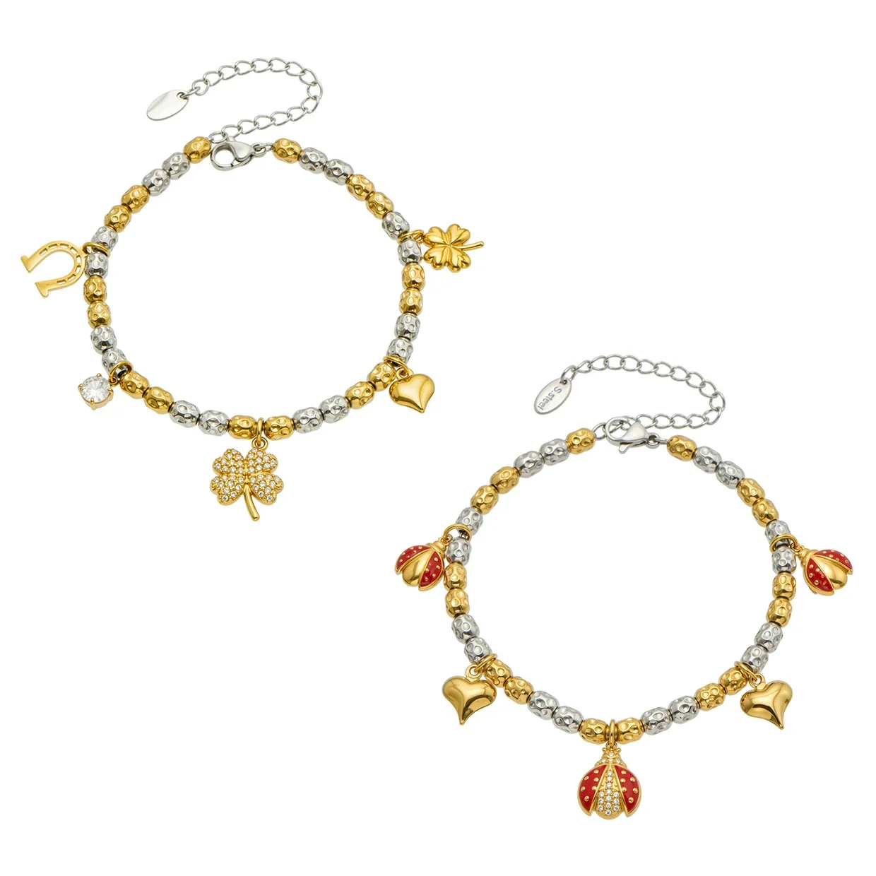 Playful Bead Heart Ladybug Stainless Steel Bracelet