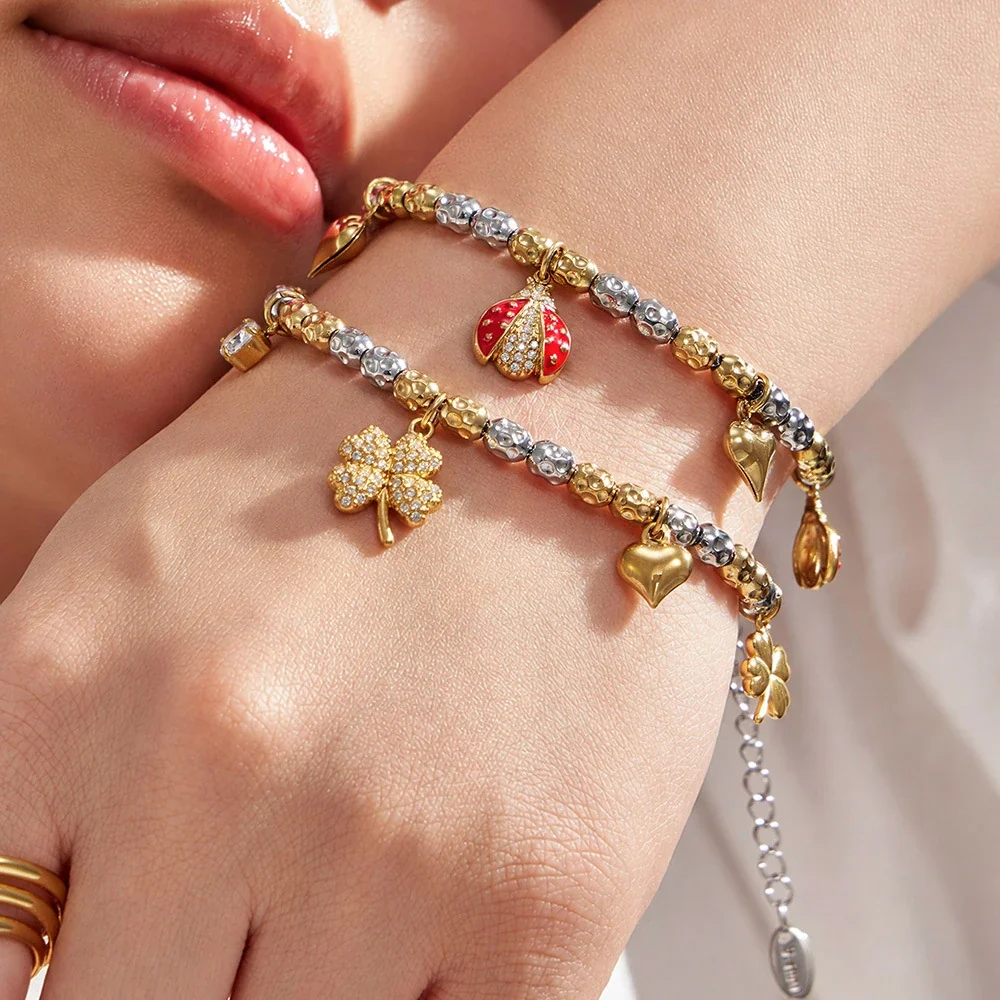 Playful Bead Heart Ladybug Stainless Steel Bracelet
