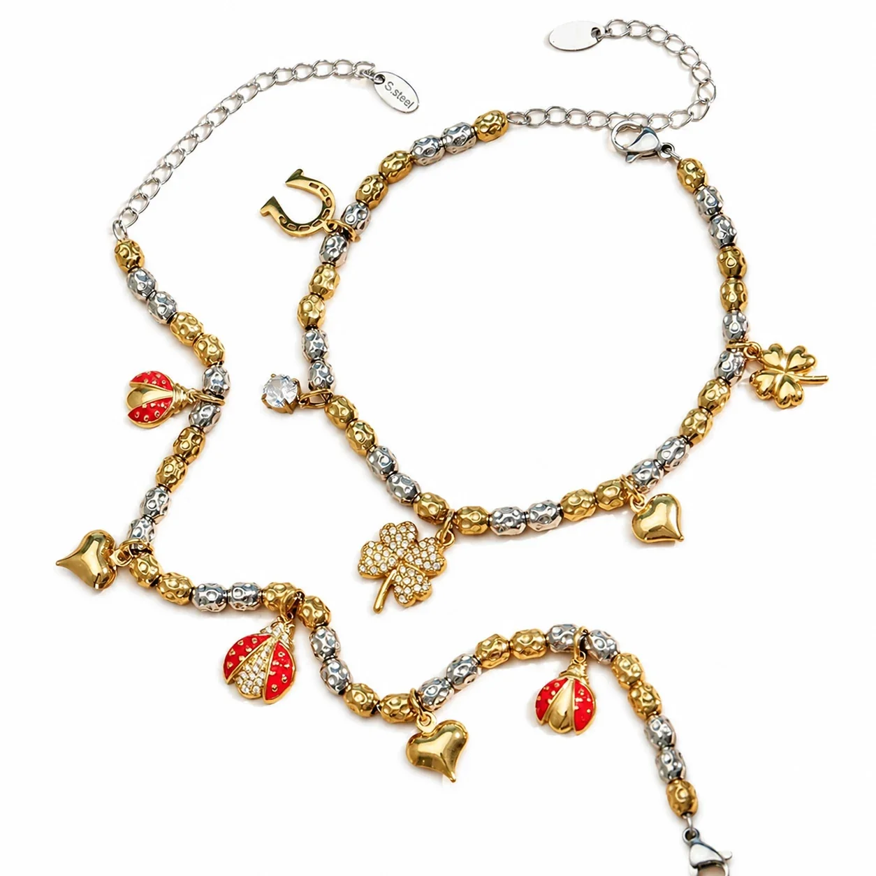 Playful Bead Heart Ladybug Stainless Steel Bracelet