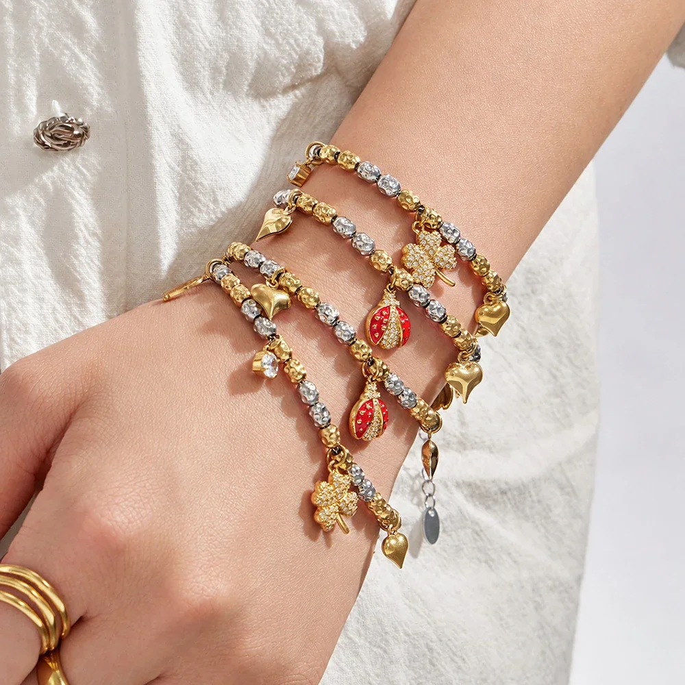 Playful Bead Heart Ladybug Stainless Steel Bracelet