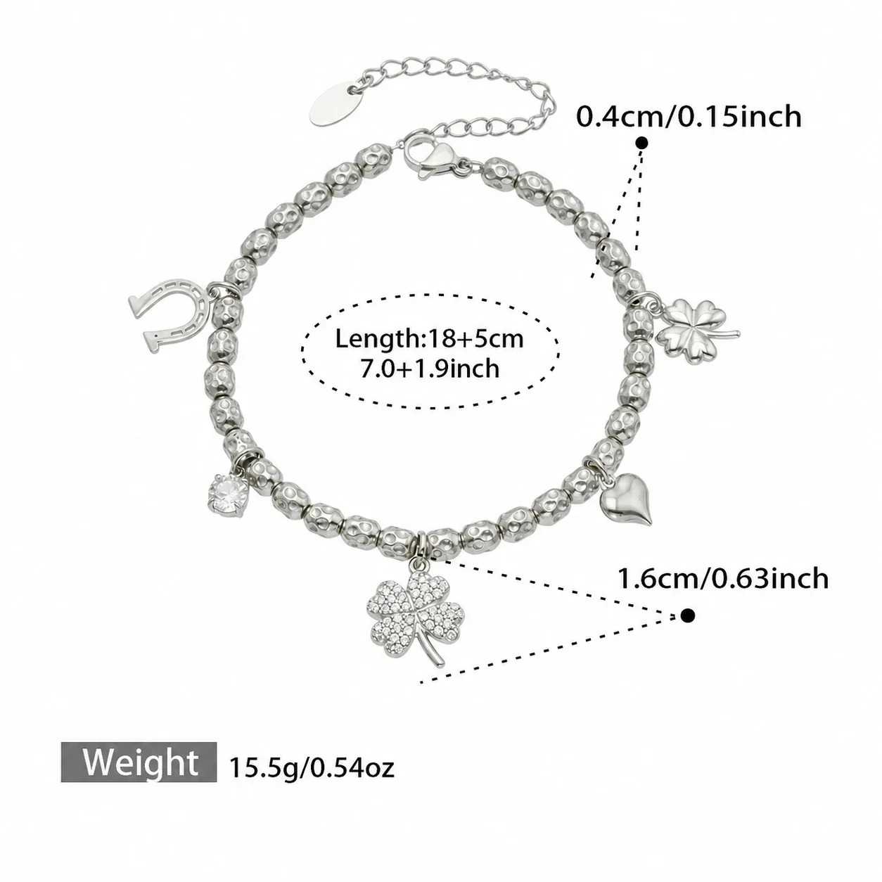 Playful Bead Heart Ladybug Stainless Steel Bracelet - Silver CZ Multi-Charm 18+5 cm