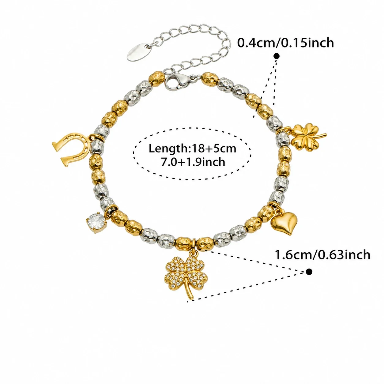 Playful Bead Heart Ladybug Stainless Steel Bracelet - Two-Tone CZ Multi-Charm 18+5 cm