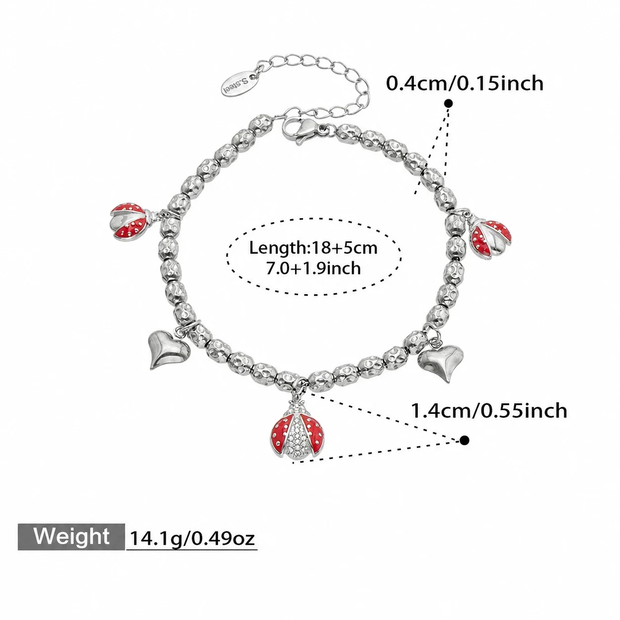 Playful Bead Heart Ladybug Stainless Steel Bracelet - Silver Ladybug Multi-Charm 18+5 cm
