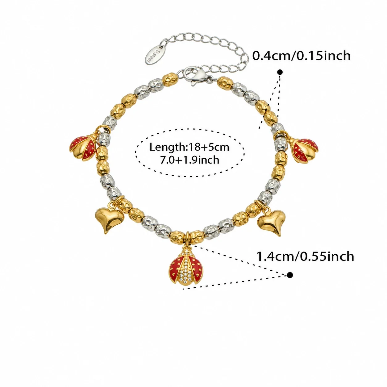 Playful Bead Heart Ladybug Stainless Steel Bracelet - Two-Tone Ladybug Multi-Charm 18+5 cm