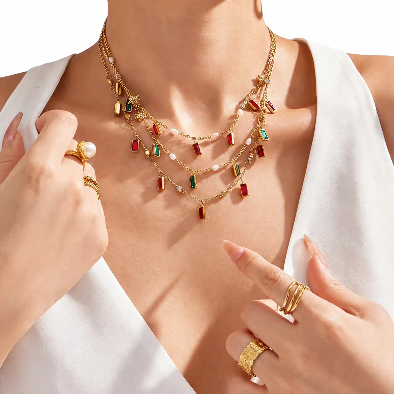 Layered 18K Gold-Plated Stainless Steel Gem Star Necklace