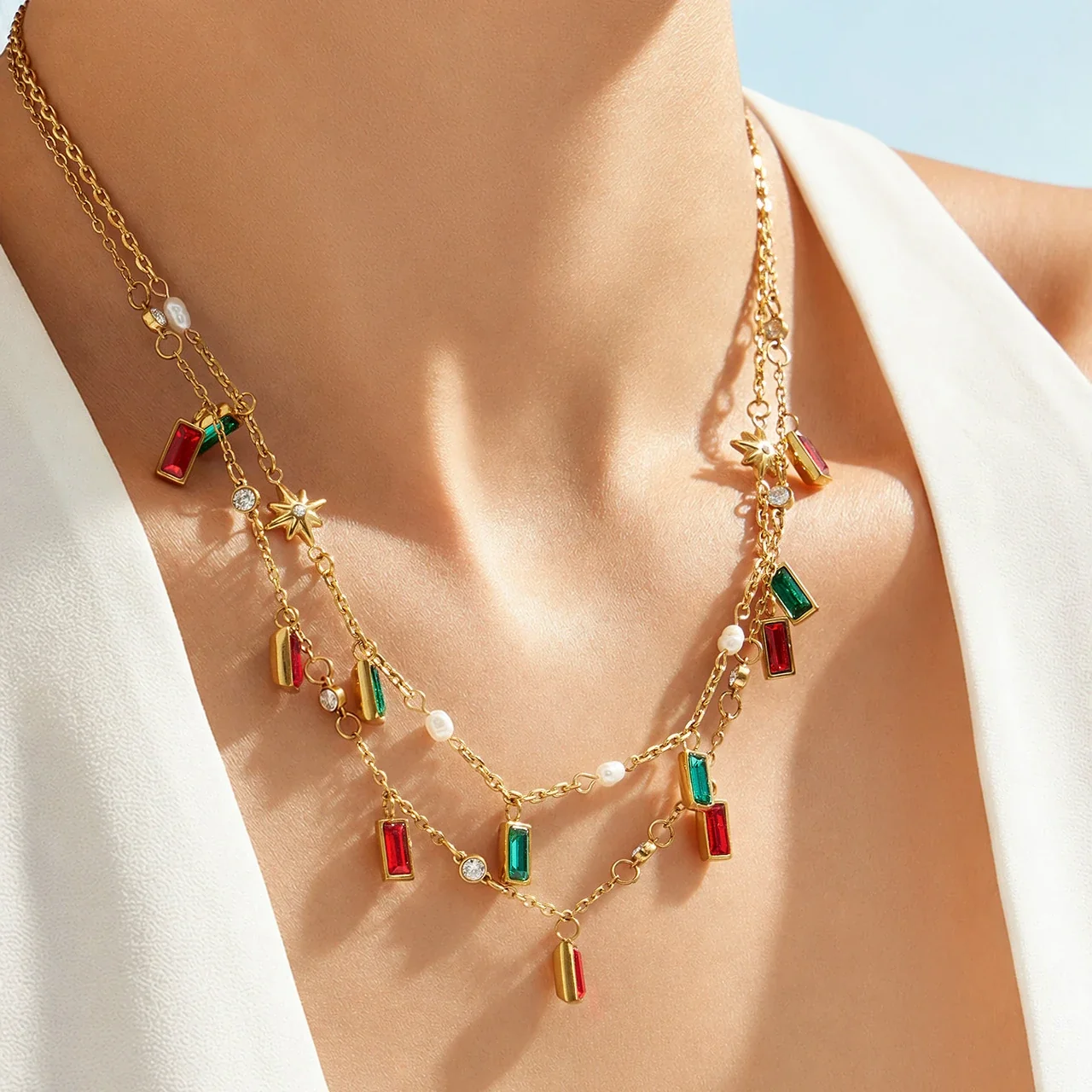 Layered 18K Gold-Plated Stainless Steel Gem Star Necklace