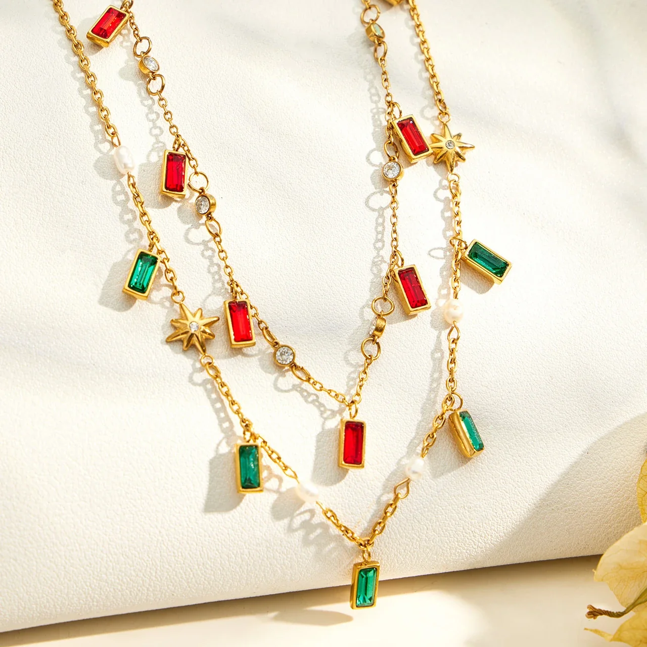 Layered 18K Gold-Plated Stainless Steel Gem Star Necklace