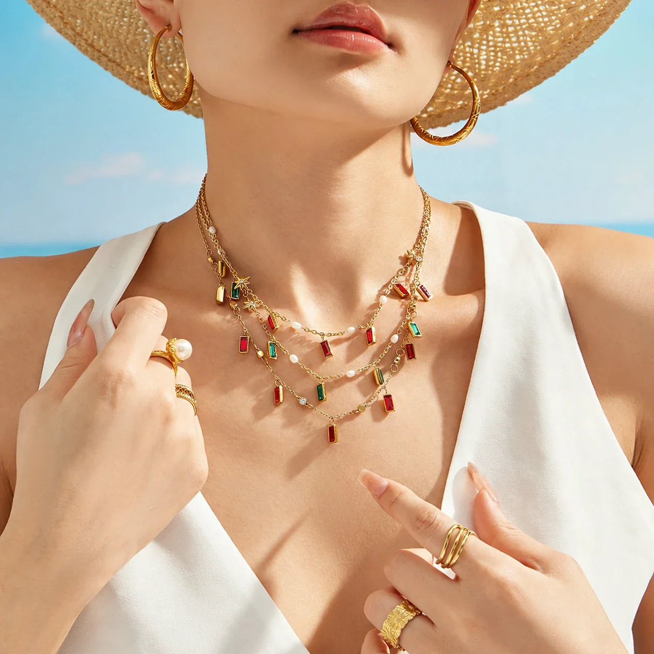Layered 18K Gold-Plated Stainless Steel Gem Star Necklace