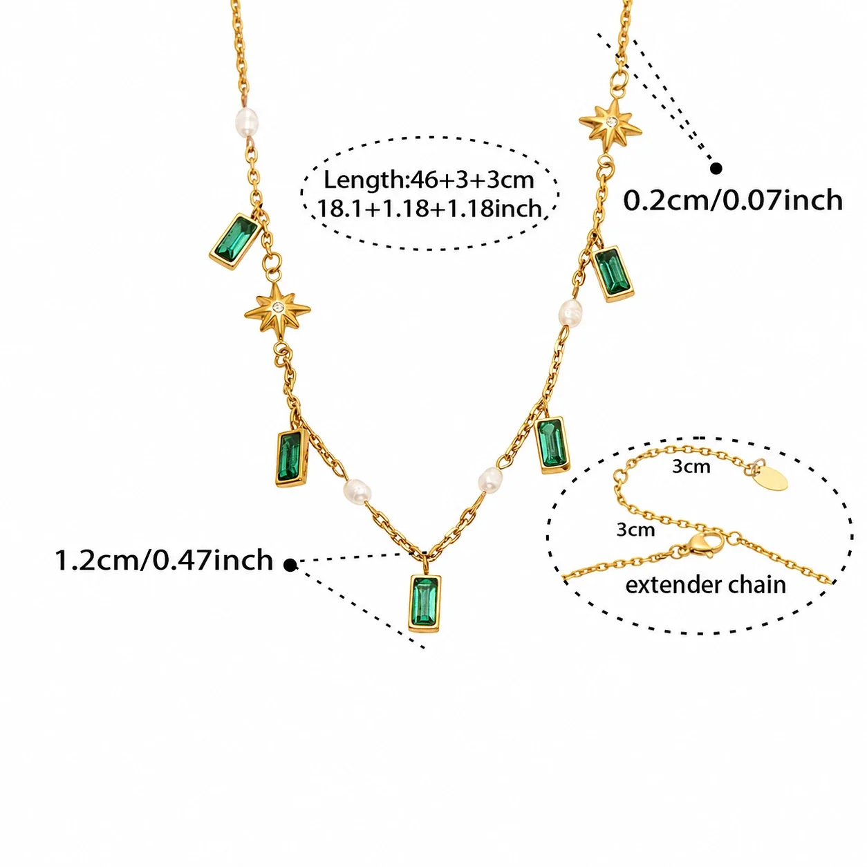 Layered 18K Gold-Plated Stainless Steel Gem Star Necklace - Gold Green Glass Freshwater Pearl
