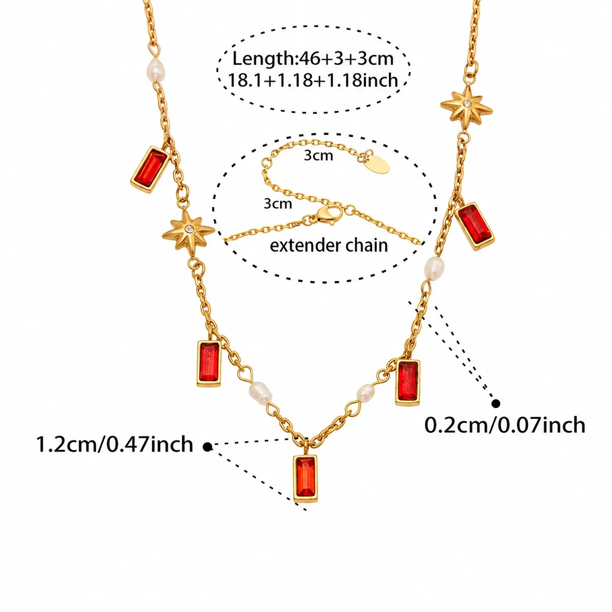 Layered 18K Gold-Plated Stainless Steel Gem Star Necklace - Gold Red Glass Freshwater Pearl