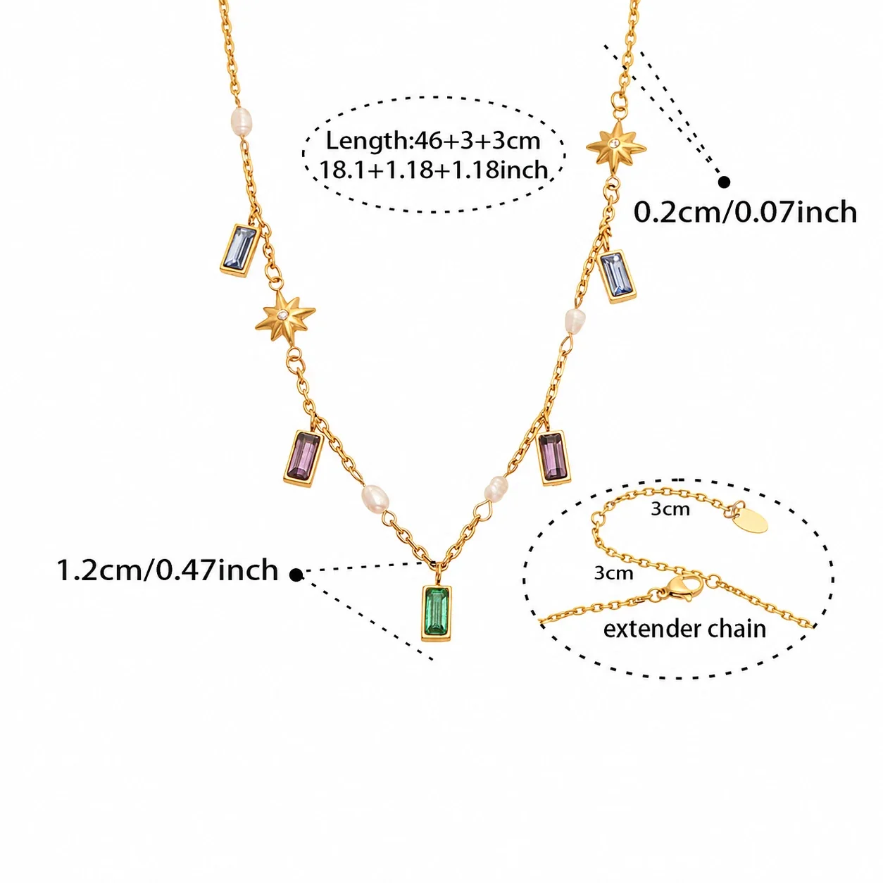 Layered 18K Gold-Plated Stainless Steel Gem Star Necklace - Gold Multicolor Glass Freshwater Pearl