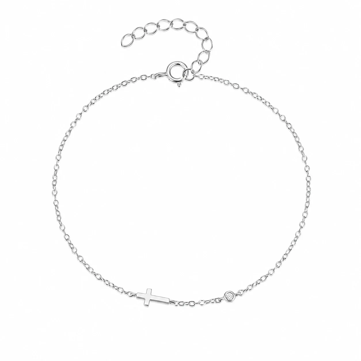 Delicate 925 Sterling Silver Cross and Bezel-Set Stone Bracelet