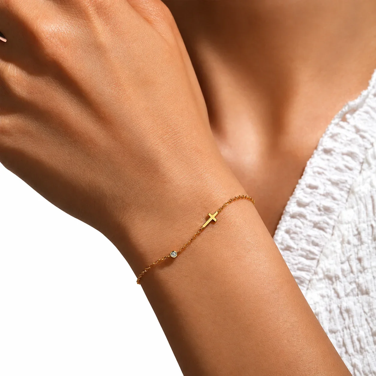 Delicate 925 Sterling Silver Cross and Bezel-Set Stone Bracelet