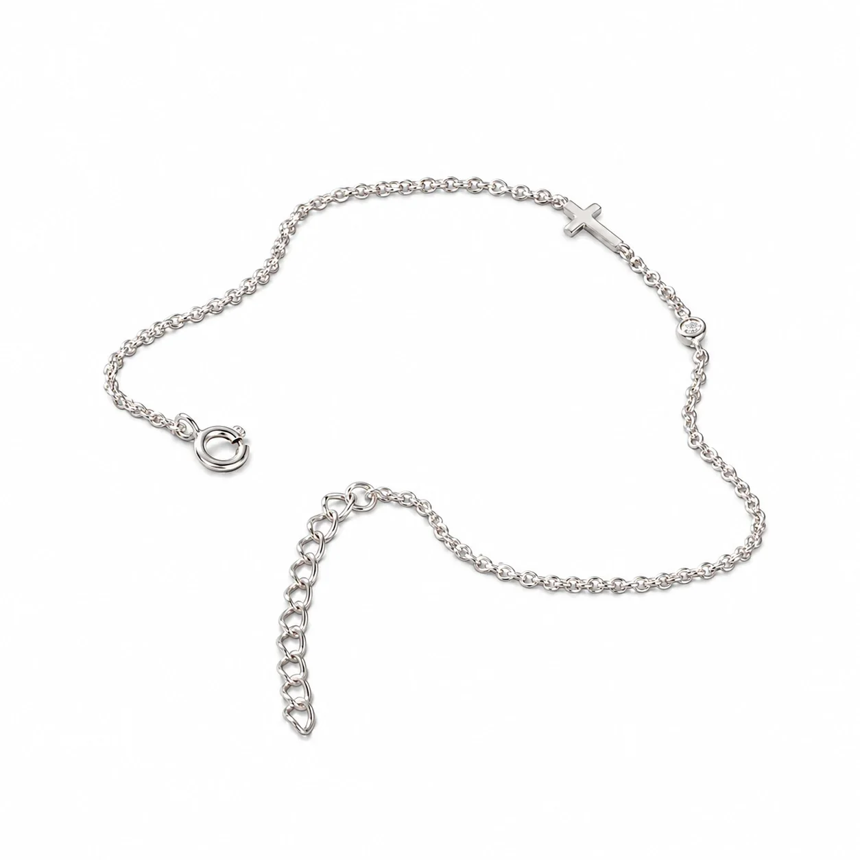 Delicate 925 Sterling Silver Cross and Bezel-Set Stone Bracelet