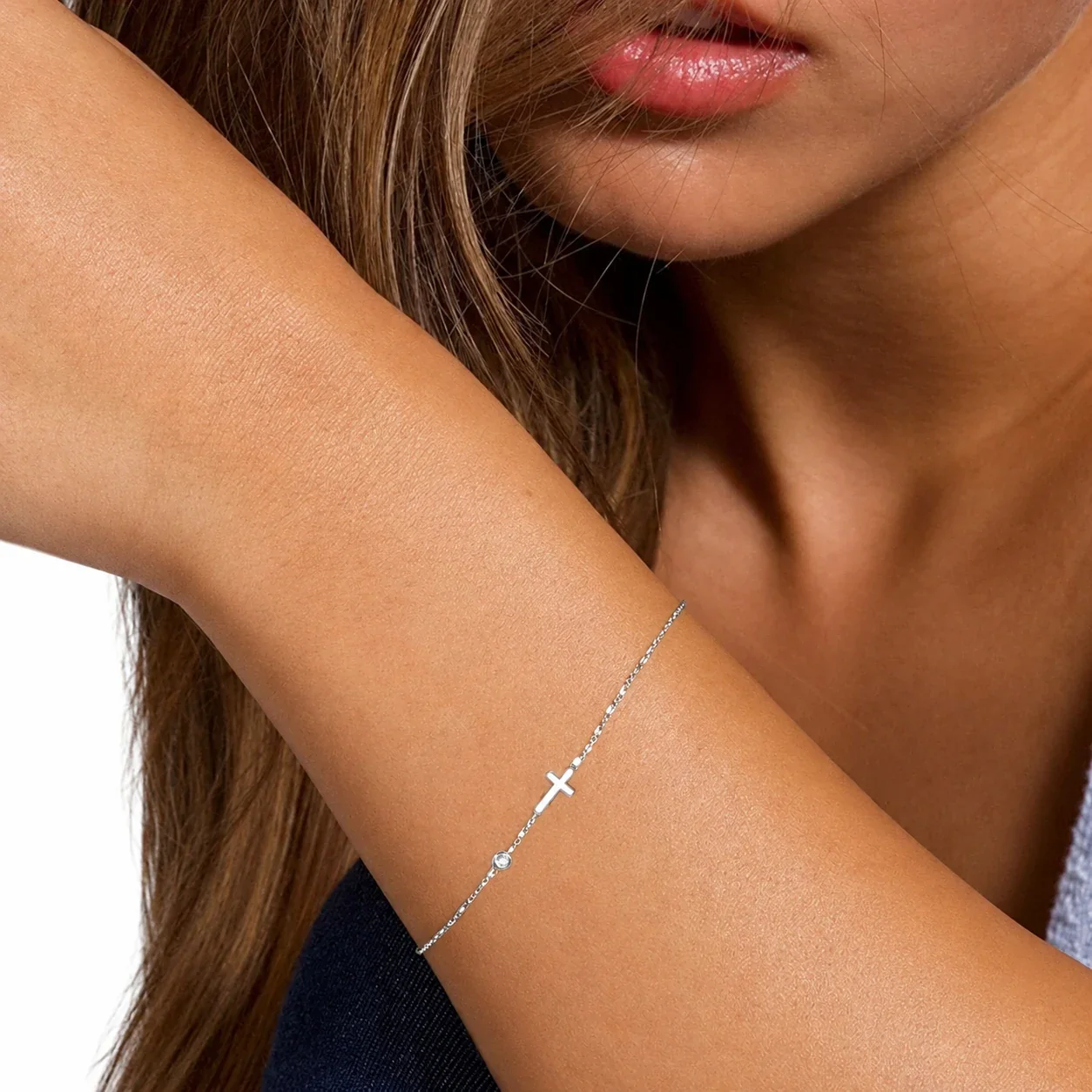 Delicate 925 Sterling Silver Cross and Bezel-Set Stone Bracelet