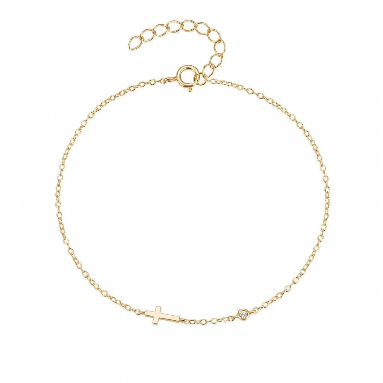 Delicate 925 Sterling Silver Cross and Bezel-Set Stone Bracelet