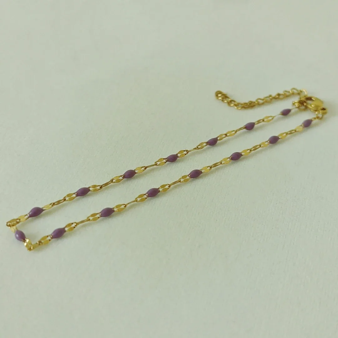 Vivid Stainless Steel 18K Gold-Plated Bead Link Anklet - Purple