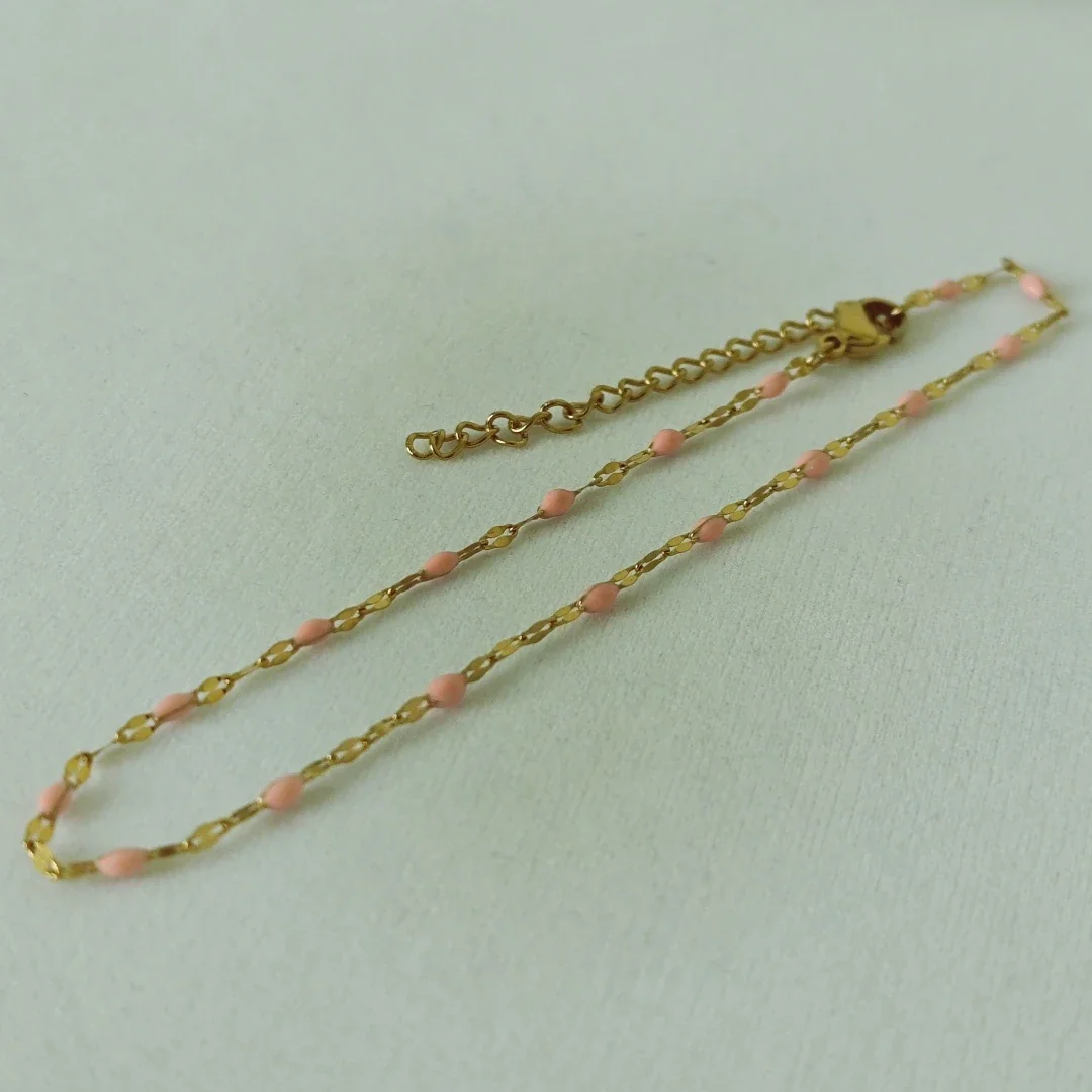 Vivid Stainless Steel 18K Gold-Plated Bead Link Anklet - Pink