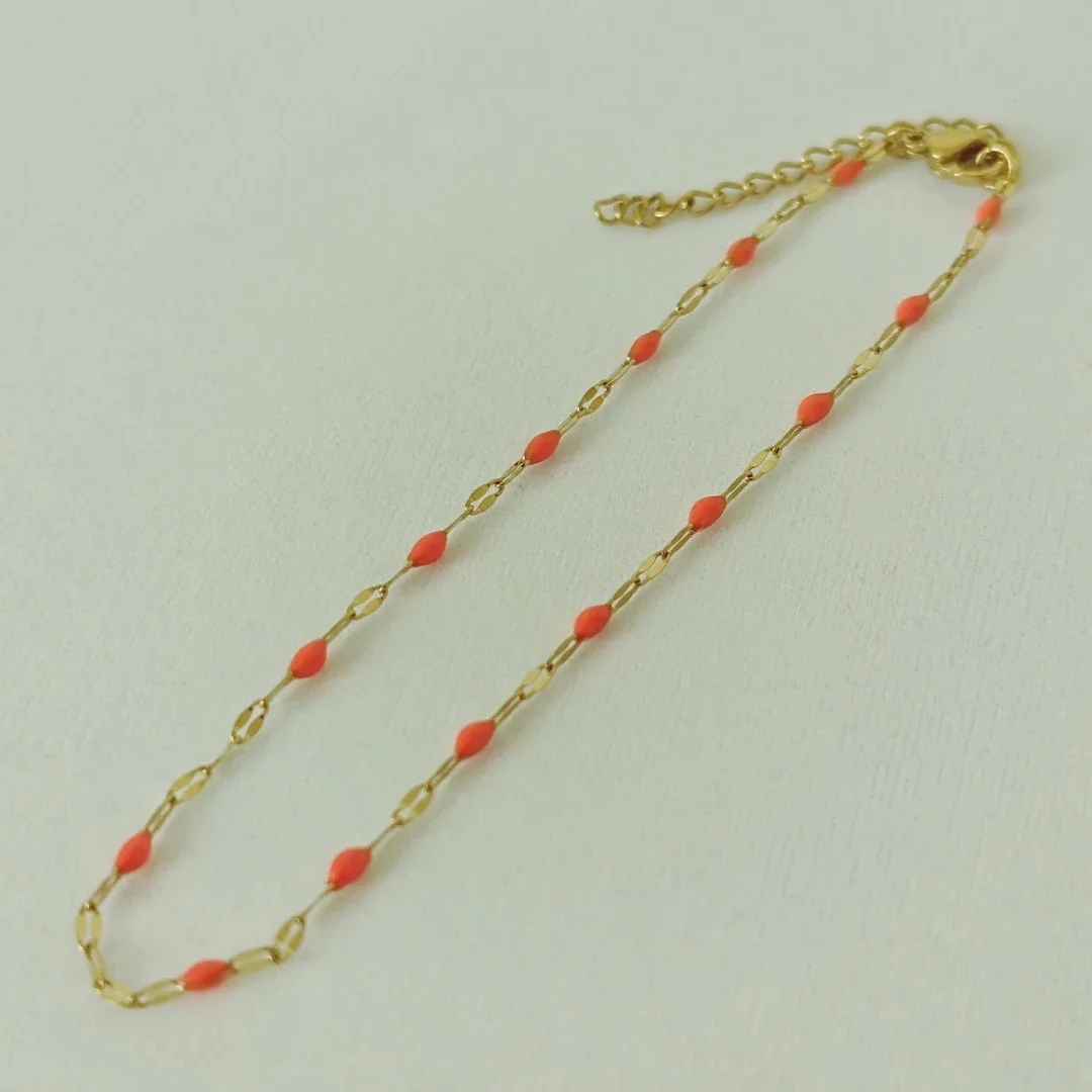 Vivid Stainless Steel 18K Gold-Plated Bead Link Anklet - Orange