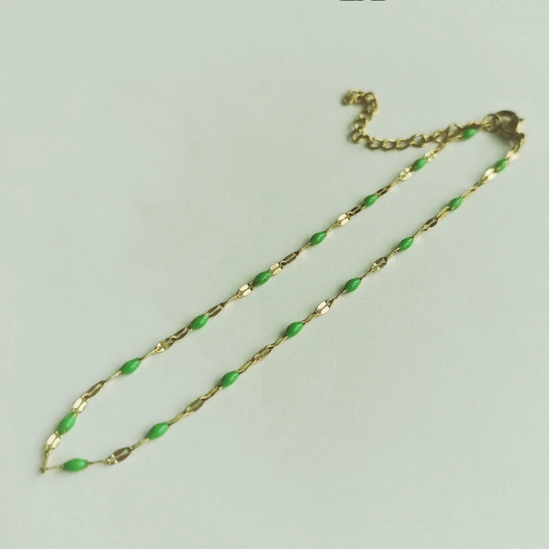 Vivid Stainless Steel 18K Gold-Plated Bead Link Anklet - Light Green
