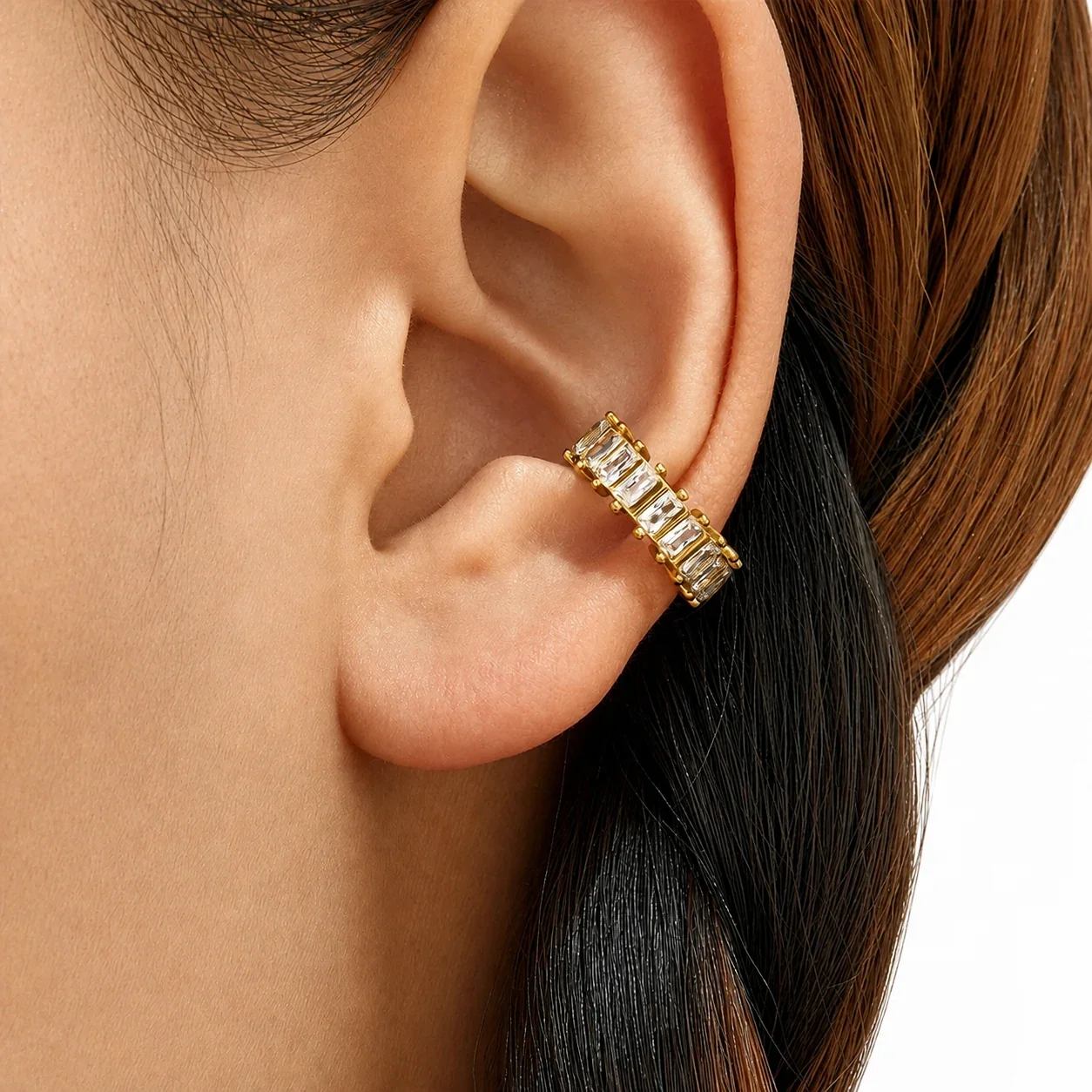 Luminous Stainless Steel Baguette CZ C Ear Cuff Earrings