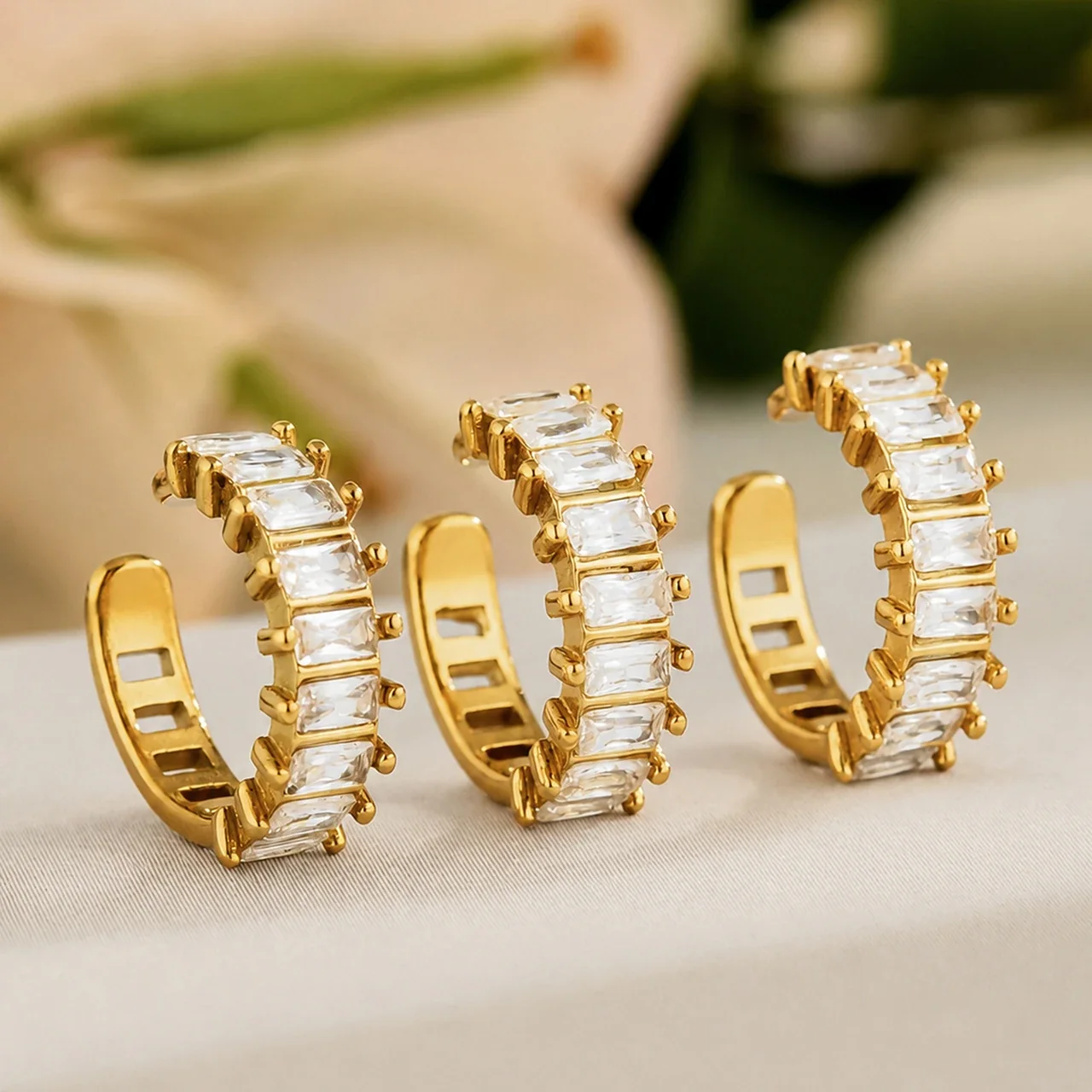 Luminous Stainless Steel Baguette CZ C Ear Cuff Earrings