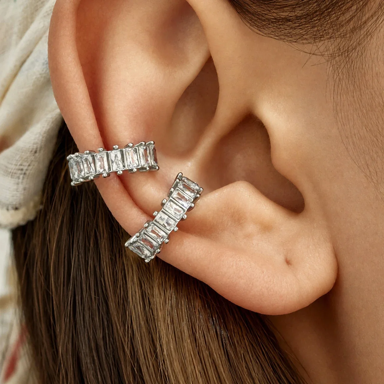 Luminous Stainless Steel Baguette CZ C Ear Cuff Earrings